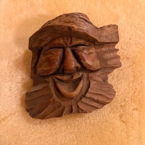 Vintage Hand-Carved Smiling Wood Face - Folk Art - Jolly Old Man